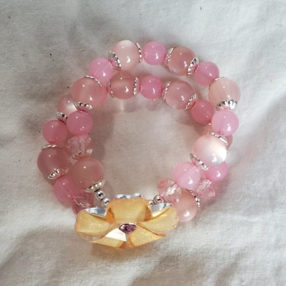 Pink Orange Flower Beaded Double Strand Bracelet Unbranded Elastic Stretchy - Picture 3 of 7